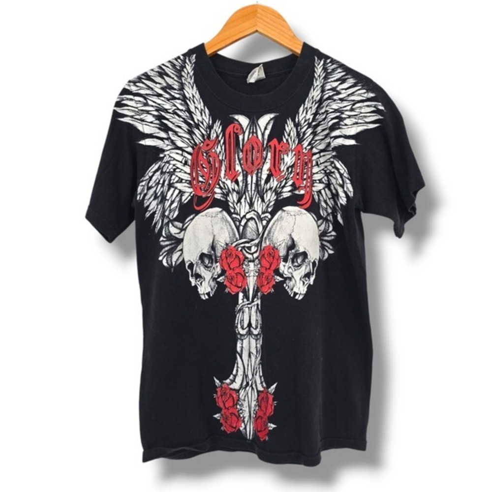 Yazbek Y2K Graphic T-Shirt Glory Skulls Wings Roses Black Tee Mens Size‎ S